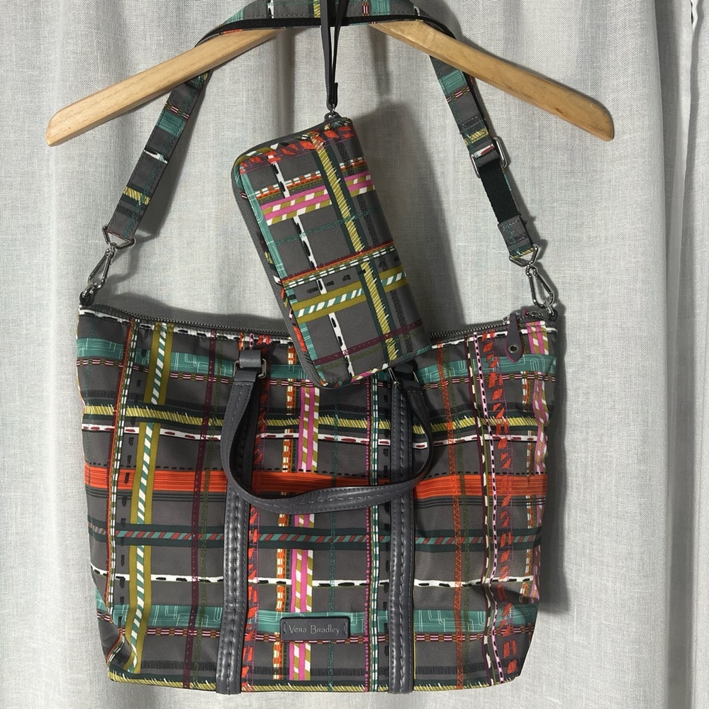 Vera Bradley Gray Plaid Tote with Multicolor Stripes and Matching Wallet